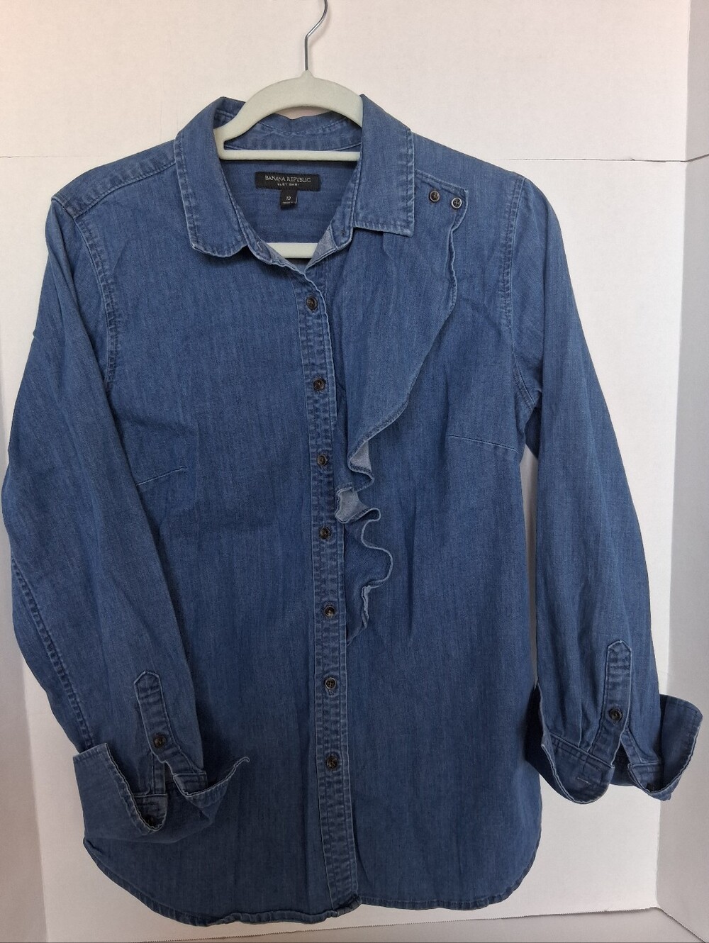 Banana Republic WOMAN Medium Blue Denim Ruffle Button-Down Shirt